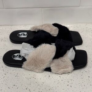 VHNY Black and Cream Furry Slide Sandals